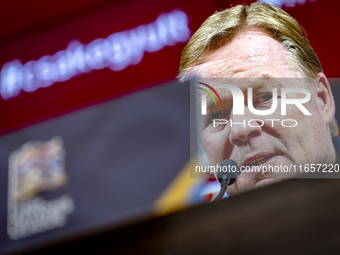 Netherlands trainer Ronald Koeman speaks during the press conference after the match between Hungary and the Netherlands at the Puskas Arena...