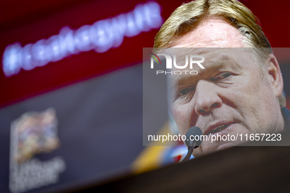 Netherlands trainer Ronald Koeman speaks during the press conference after the match between Hungary and the Netherlands at the Puskas Arena...