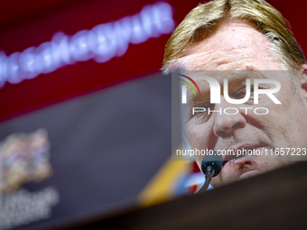 Netherlands trainer Ronald Koeman speaks during the press conference after the match between Hungary and the Netherlands at the Puskas Arena...