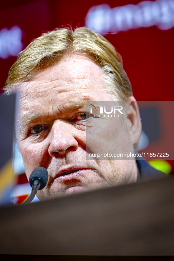 Netherlands trainer Ronald Koeman speaks during the press conference after the match between Hungary and the Netherlands at the Puskas Arena...