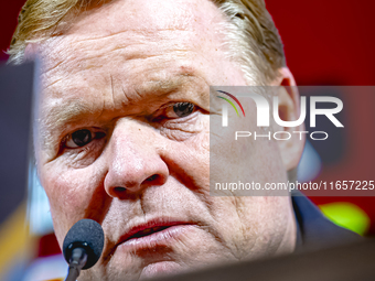 Netherlands trainer Ronald Koeman speaks during the press conference after the match between Hungary and the Netherlands at the Puskas Arena...