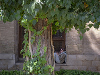 An Iranian woman sits in front of a room near the tomb of the 14th-century Iranian poet Hafez in Shiraz, Iran, on October 8, 2024.  (