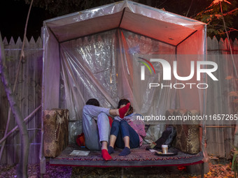 Iranian youths sit at a garden-cafe in Shiraz, Iran, on October 7, 2024.  (