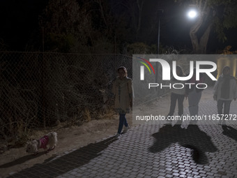 Iranian youths and their pet walk along a path in the city of Shiraz in Fars province, about 932 km (579 miles) south of Tehran, Iran, at ni...