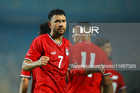 Egyptian national team player Mahmoud Hassan celebrates after scoring a goal during an Africa Cup of Nations qualifying match between Egypt...