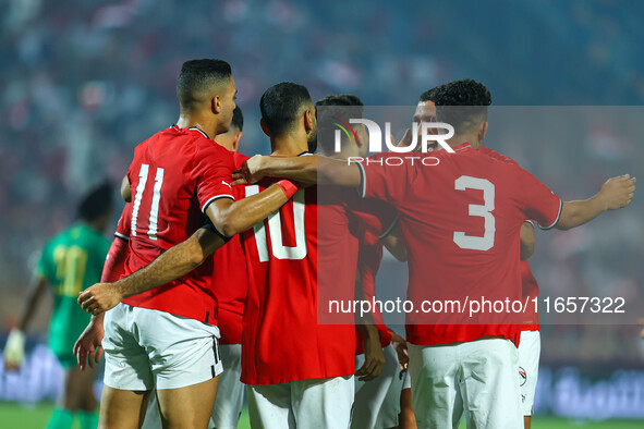 Egyptian national team player Mohamed Salah celebrates with his team after scoring a goal during an Africa Cup of Nations qualifying match b...