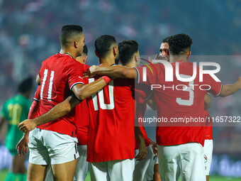 Egyptian national team player Mohamed Salah celebrates with his team after scoring a goal during an Africa Cup of Nations qualifying match b...