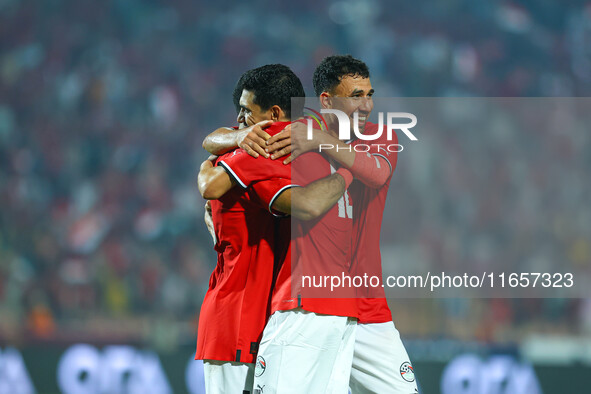 Egyptian national team player Mohamed Salah celebrates with his team after scoring a goal during an Africa Cup of Nations qualifying match b...