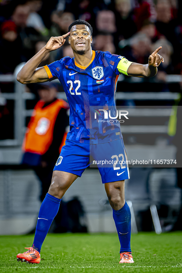 Netherlands defender Denzel Dumfries plays during the match between Hungary and the Netherlands at the Puskas Arena for the UEFA Nations Lea...