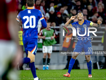 Netherlands defender Denzel Dumfries plays during the match between Hungary and the Netherlands at the Puskas Arena for the UEFA Nations Lea...