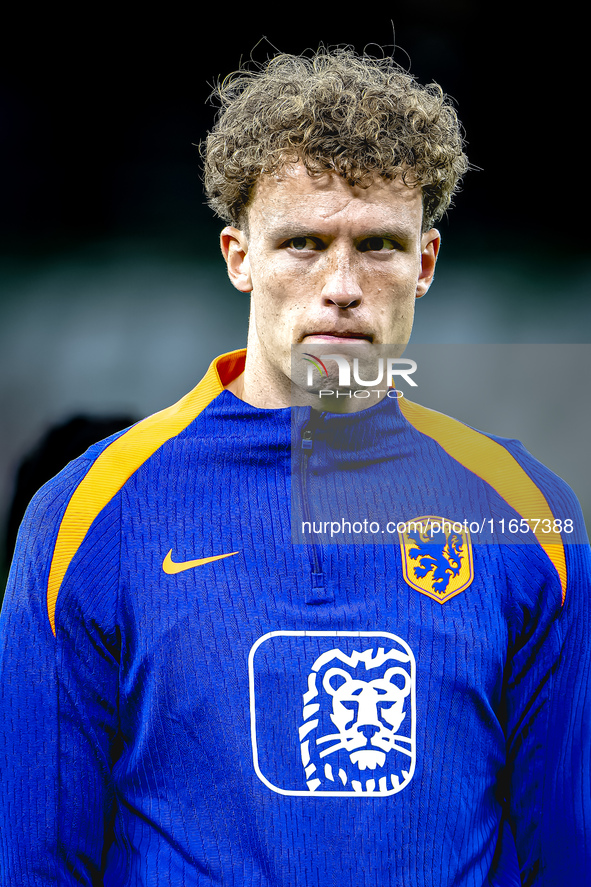 Netherlands midfielder Mats Wieffer plays during the match between Hungary and the Netherlands at the Puskas Arena for the UEFA Nations Leag...