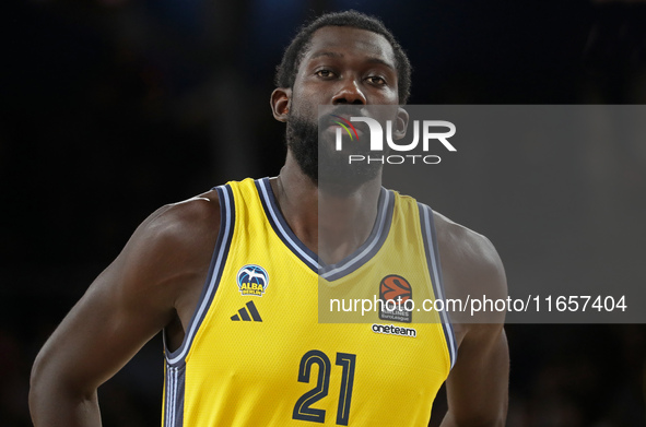 Christ Koumadje plays during the match between FC Barcelona and Alba Berlin in the week 2 of the Turkish Airlines Euroleague at the Palau Bl...