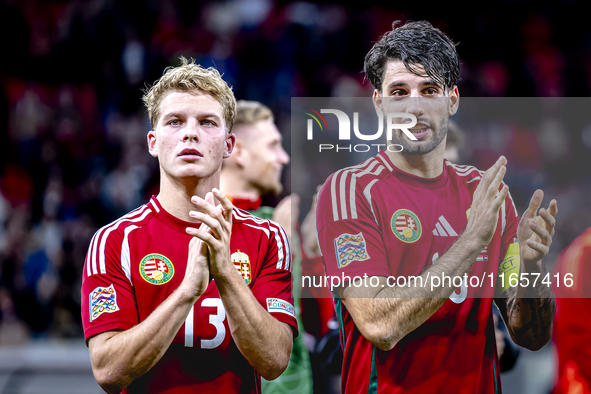 Hungary midfielders Andras Schafer and Dominik Szoboszlai play during the match between Hungary and the Netherlands at the Puskas Arena for...