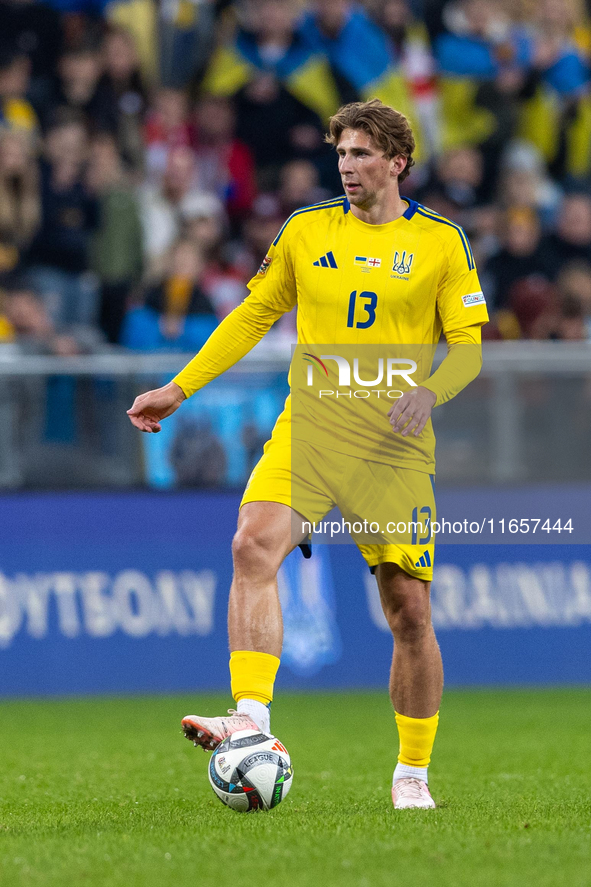 Illia Zabarnyi is  playing during the  UEFA Nations League 2024 League B Group B1 match between Ukraine and Georgia , at the Poznan Arena in...