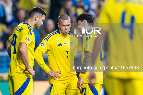 Oleksii Hutsuliak, Mykhailo Mudryk, Mykola Shaparenko are playing during the  UEFA Nations League 2024 League B Group B1 match between Ukrai...