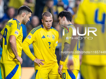 Oleksii Hutsuliak, Mykhailo Mudryk, Mykola Shaparenko are playing during the  UEFA Nations League 2024 League B Group B1 match between Ukrai...