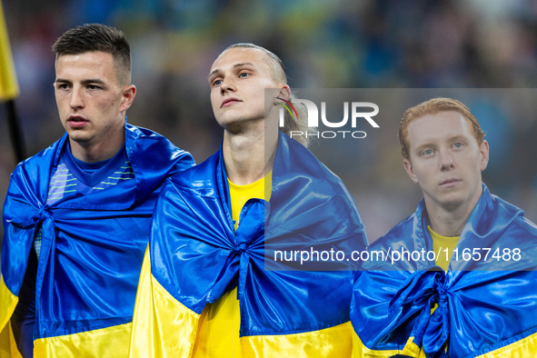 Mykola Matviyenko, Maksym Talovierov, Yukhym Konoplia are playing during the  UEFA Nations League 2024 League B Group B1 match between Ukrai...