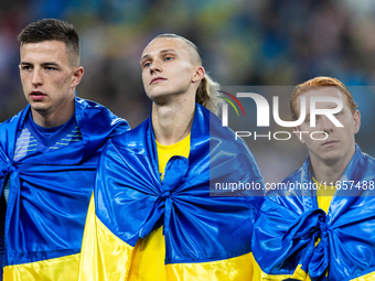 Mykola Matviyenko, Maksym Talovierov, Yukhym Konoplia are playing during the  UEFA Nations League 2024 League B Group B1 match between Ukrai...