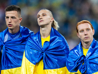 Mykola Matviyenko, Maksym Talovierov, Yukhym Konoplia are playing during the  UEFA Nations League 2024 League B Group B1 match between Ukrai...