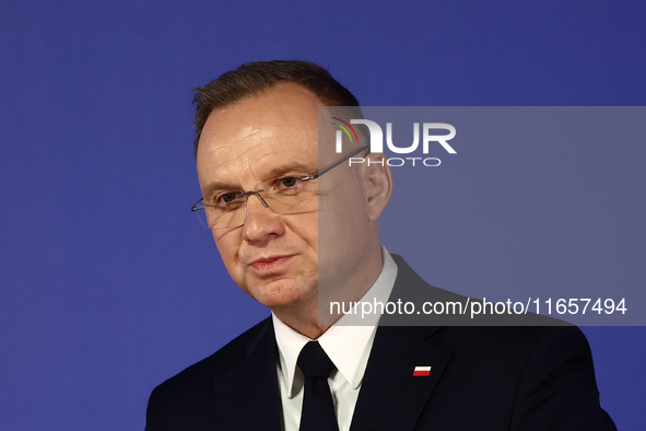 President of Poland Andrzej Duda speaks during Arraiolos Group meeting in Krakow, Poland on October 11, 2024. 