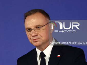 President of Poland Andrzej Duda speaks during Arraiolos Group meeting in Krakow, Poland on October 11, 2024. (