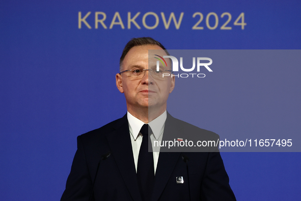 President of Poland Andrzej Duda speaks during Arraiolos Group meeting in Krakow, Poland on October 11, 2024. 