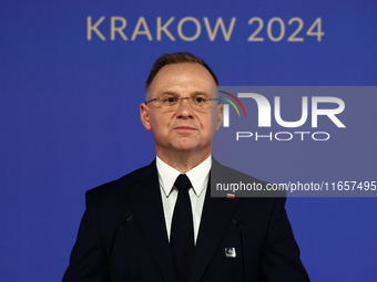 President of Poland Andrzej Duda speaks during Arraiolos Group meeting in Krakow, Poland on October 11, 2024. (