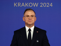 President of Poland Andrzej Duda speaks during Arraiolos Group meeting in Krakow, Poland on October 11, 2024. (