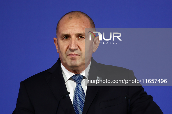 President of Bulgaria Rumen Radev speaks during Arraiolos Group meeting in Krakow, Poland on October 11, 2024. 