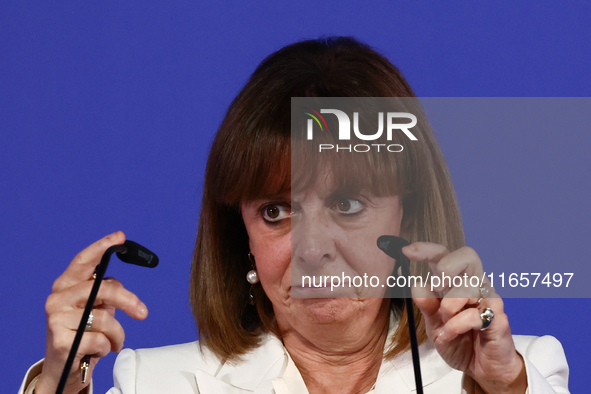 President of Greece Katerina Sakellaropoulou speaks during Arraiolos Group meeting in Krakow, Poland on October 11, 2024. 