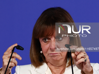 President of Greece Katerina Sakellaropoulou speaks during Arraiolos Group meeting in Krakow, Poland on October 11, 2024. (