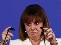 President of Greece Katerina Sakellaropoulou speaks during Arraiolos Group meeting in Krakow, Poland on October 11, 2024. (