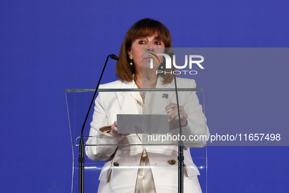 President of Greece Katerina Sakellaropoulou speaks during Arraiolos Group meeting in Krakow, Poland on October 11, 2024. 