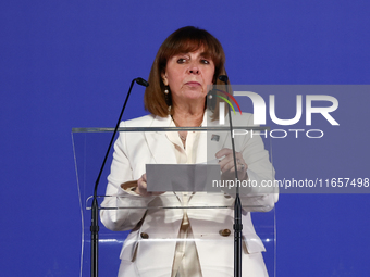 President of Greece Katerina Sakellaropoulou speaks during Arraiolos Group meeting in Krakow, Poland on October 11, 2024. (