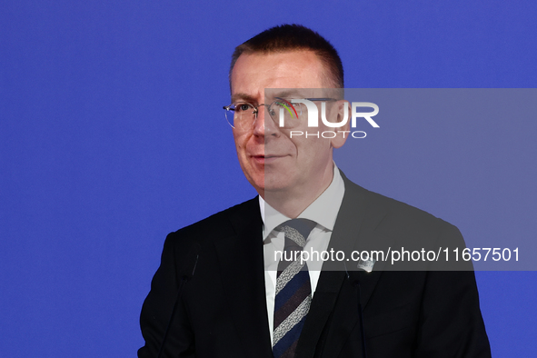 President of Latvia Edgars Rinkevics speaks during Arraiolos Group meeting in Krakow, Poland on October 11, 2024. 