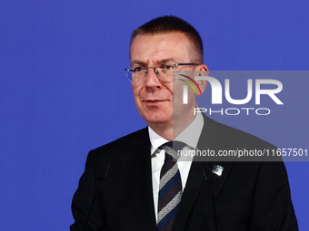 President of Latvia Edgars Rinkevics speaks during Arraiolos Group meeting in Krakow, Poland on October 11, 2024. (