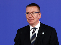 President of Latvia Edgars Rinkevics speaks during Arraiolos Group meeting in Krakow, Poland on October 11, 2024. (