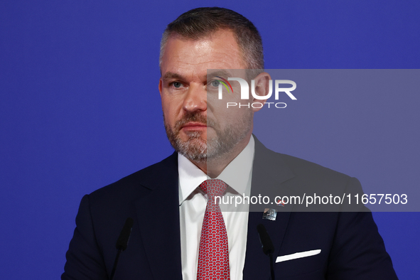 President of Slovakia Peter Pellegrini speaks during Arraiolos Group meeting in Krakow, Poland on October 11, 2024. 