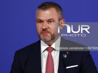 President of Slovakia Peter Pellegrini speaks during Arraiolos Group meeting in Krakow, Poland on October 11, 2024. (