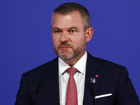 President of Slovakia Peter Pellegrini speaks during Arraiolos Group meeting in Krakow, Poland on October 11, 2024. (