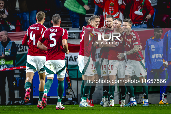 Hungary forward Roland Sallai scores the 1-0 and celebrates the goal during the match between Hungary and the Netherlands at the Puskas Aren...