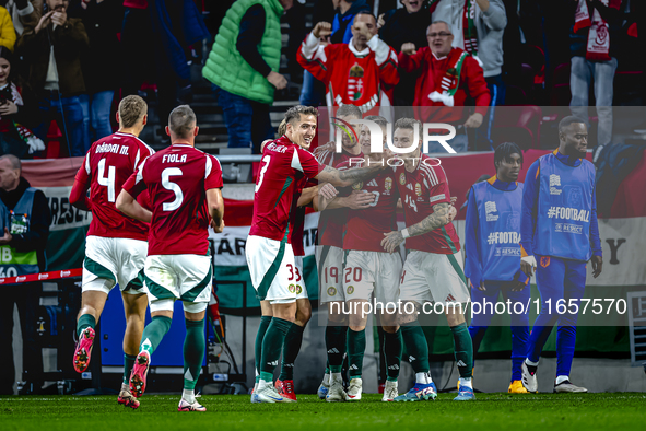 Hungary forward Roland Sallai scores the 1-0 and celebrates the goal during the match between Hungary and the Netherlands at the Puskas Aren...