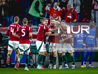 Hungary forward Roland Sallai scores the 1-0 and celebrates the goal during the match between Hungary and the Netherlands at the Puskas Aren...