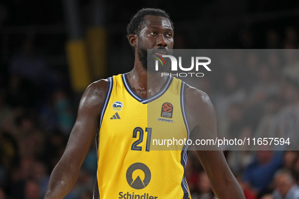 Christ Koumadje plays during the match between FC Barcelona and Alba Berlin, corresponding to week 2 of the Turkish Airlines Euroleague, at...