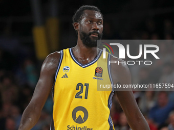 Christ Koumadje plays during the match between FC Barcelona and Alba Berlin, corresponding to week 2 of the Turkish Airlines Euroleague, at...