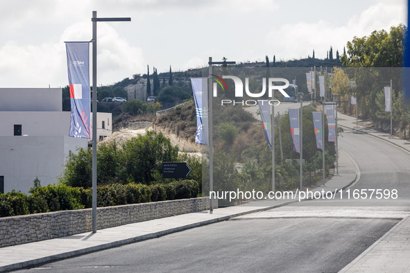 The flags of the participating countries are seen in Paphos, Cyprus, on October 11, 2024. The 11th Summit of the Southern EU Countries (MED9...