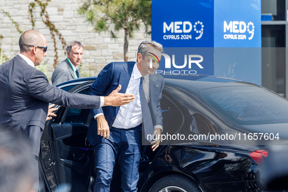 Prime Minister of Greece Kyriakos Mitsotakis arrives at the event in Paphos, Cyprus, on October 11, 2024. The 11th Summit of the Southern EU...