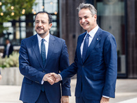 President of Cyprus Nikos Christodoulides welcomes the Greek Prime Minister Kyriakos Mitsotakis in Paphos, Cyprus, on October 11, 2024. The...