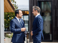 President of Cyprus Nikos Christodoulides welcomes the Greek Prime Minister Kyriakos Mitsotakis in Paphos, Cyprus, on October 11, 2024. The...