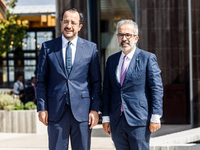 President of Cyprus Nikos Christodoulides welcomes Portugal's Minister of Foreign Affairs Paulo Rangel in Paphos, Cyprus, on October 11, 202...